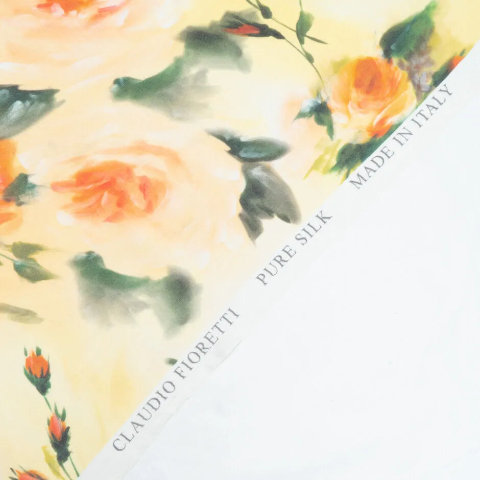 Orange Rose Printed Pale Yellow Pure Silk Georgette