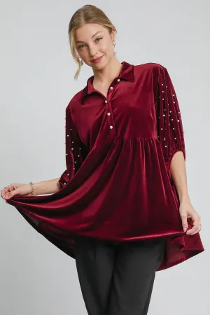 Pearl Detail Collared Neck Velvet Babydoll Blouse