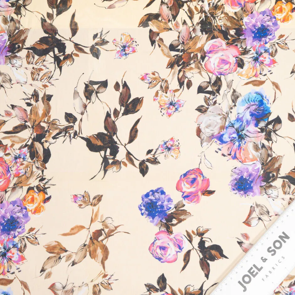 Pink & Purple Floral Printed Pale Peach Silk Georgette