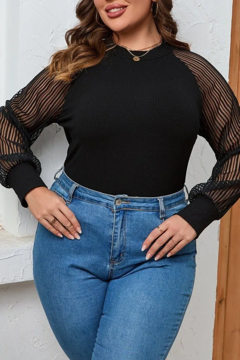 Plus Size Black Knit Sheer Striped Sleeve Blouse