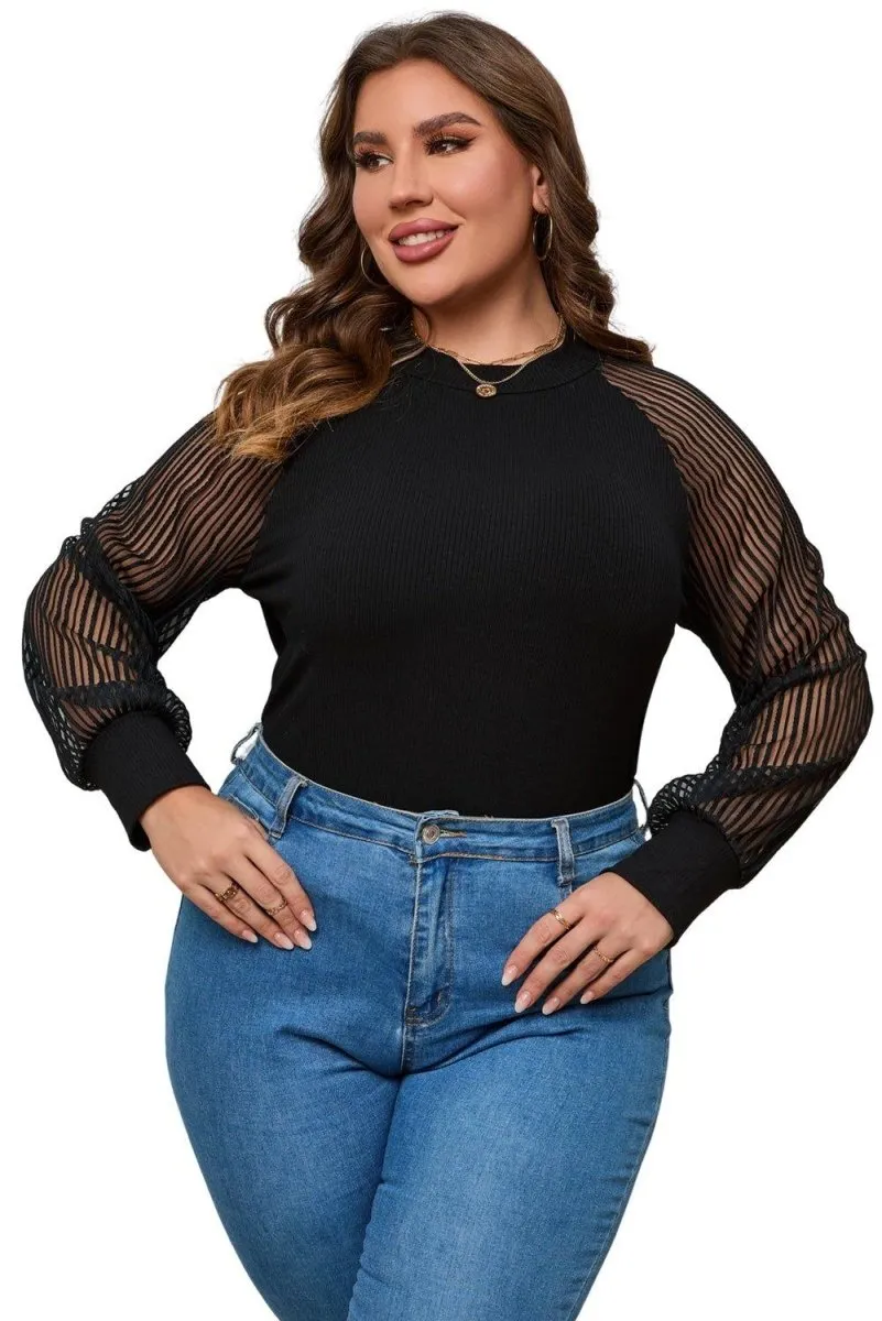 Plus Size Black Knit Sheer Striped Sleeve Blouse