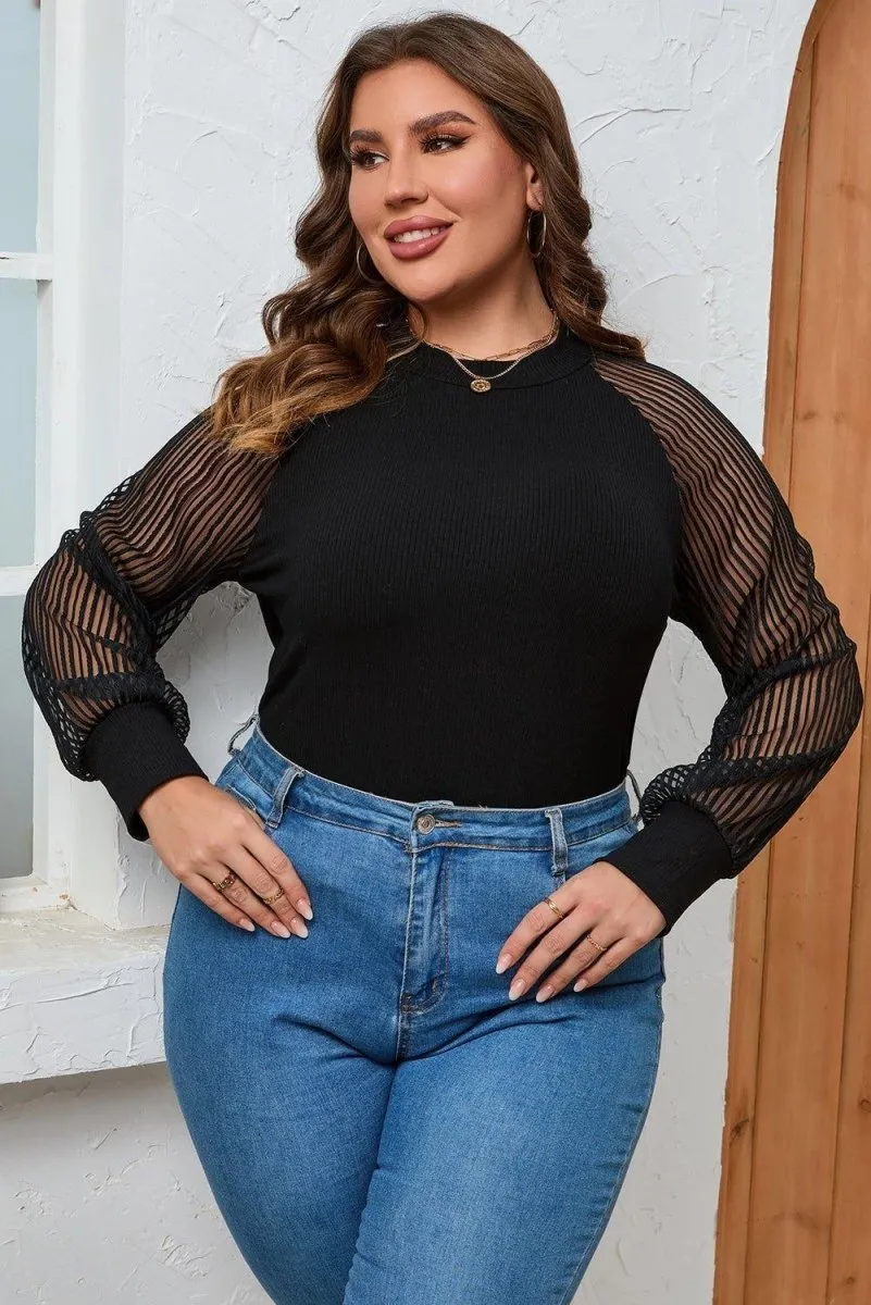 Plus Size Black Knit Sheer Striped Sleeve Blouse