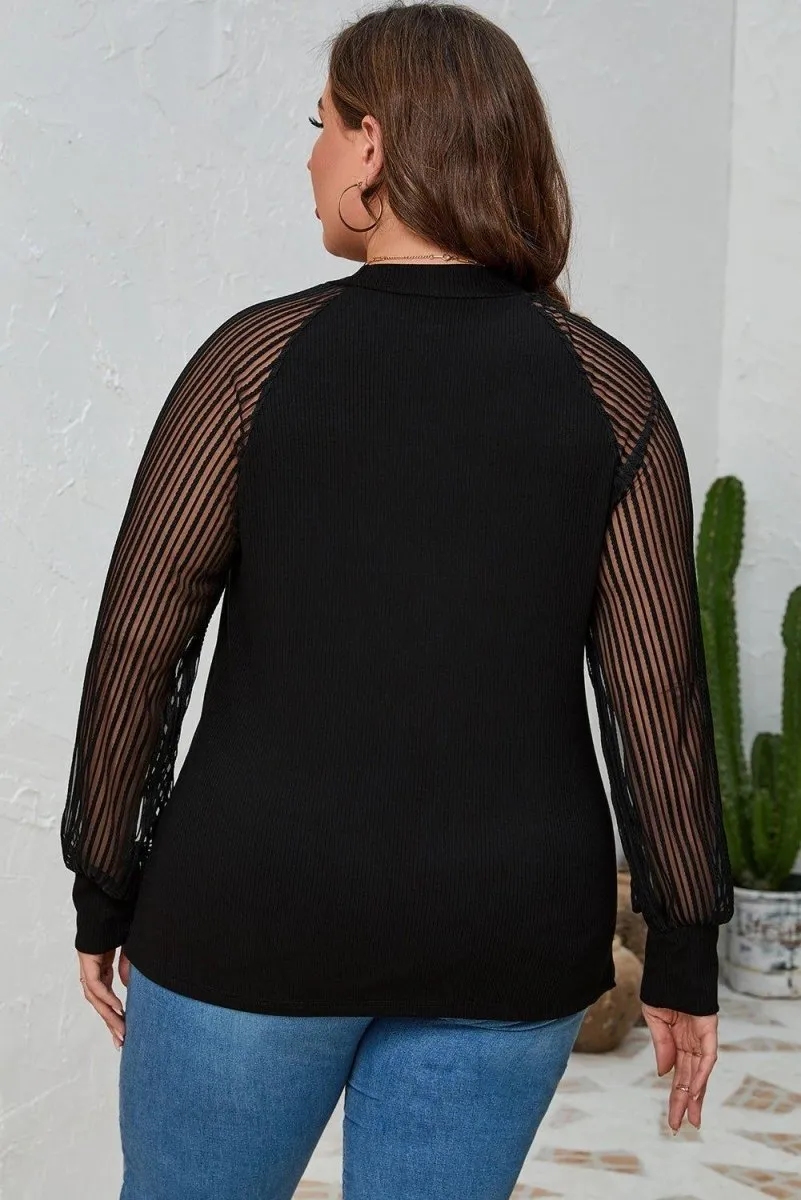 Plus Size Black Knit Sheer Striped Sleeve Blouse