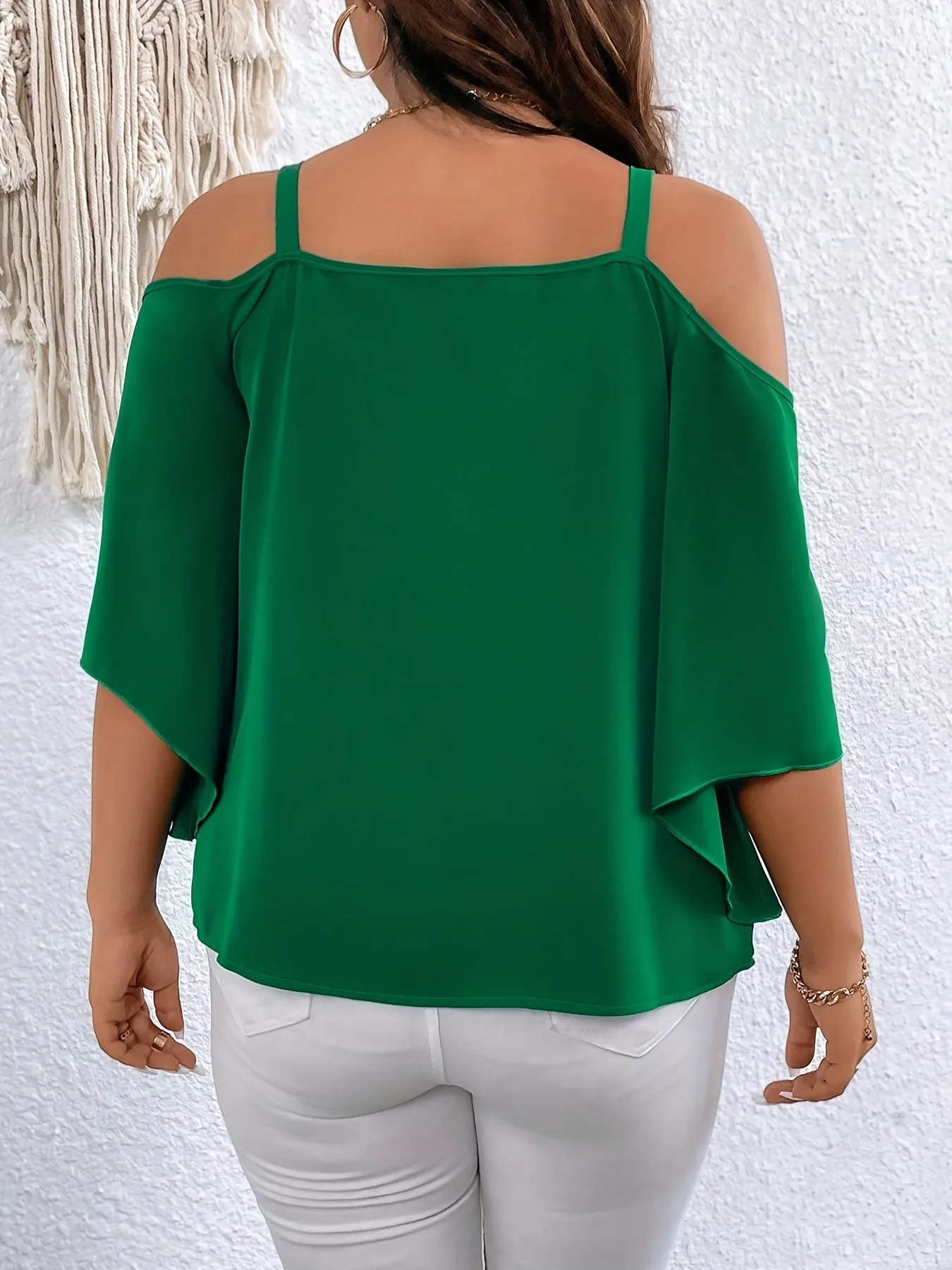 Plus Size Elegant Strapless Cold Shoulder Blouse - Chain Linked 3/4 Sleeve, Polyester Material, Pullover Style, Solid Color, Regular Length, Weekend Casual Wear for Spring - Oversized Fit, Non-Stretch Fabric, Woven Shirting