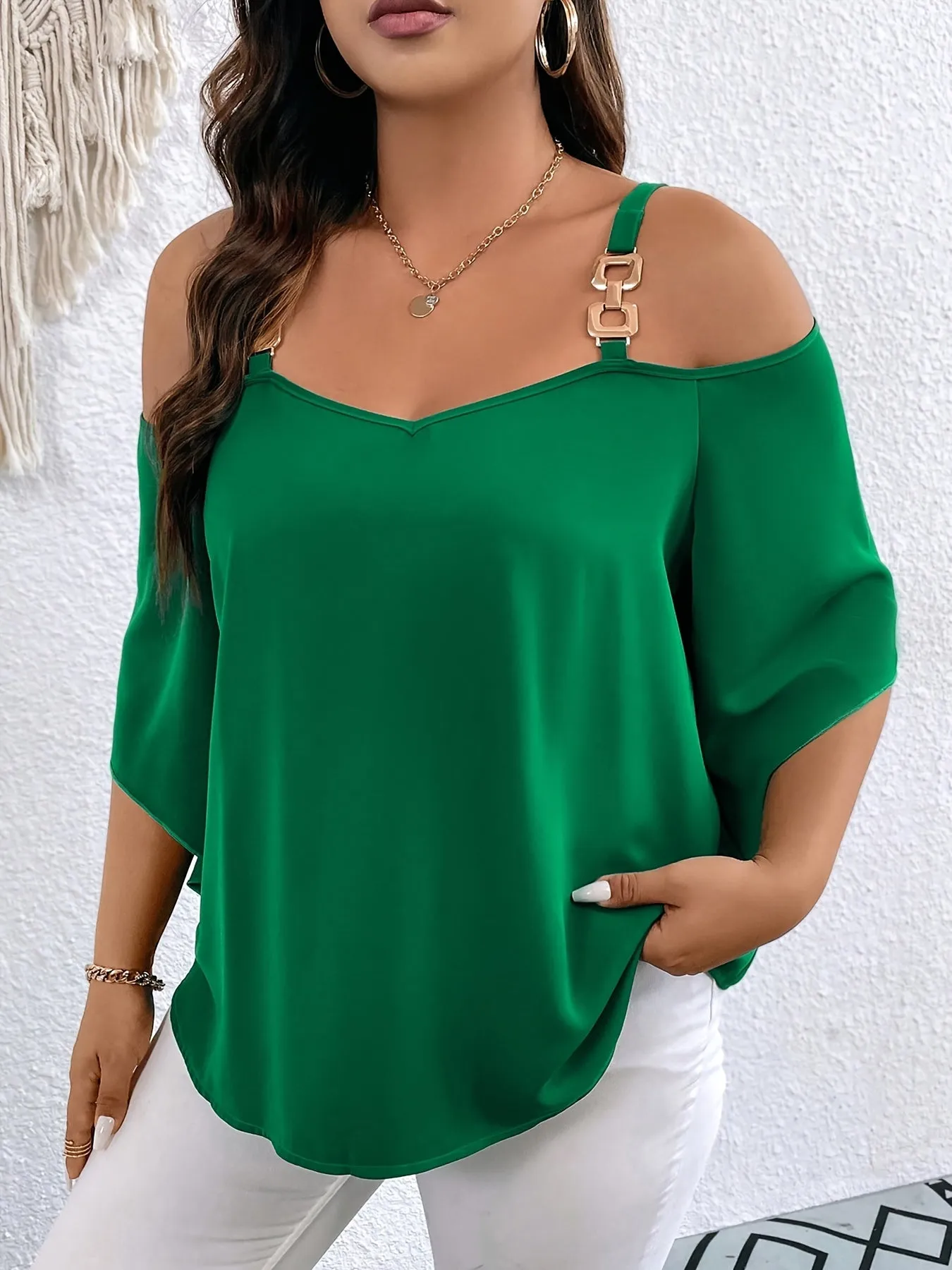 Plus Size Elegant Strapless Cold Shoulder Blouse - Chain Linked 3/4 Sleeve, Polyester Material, Pullover Style, Solid Color, Regular Length, Weekend Casual Wear for Spring - Oversized Fit, Non-Stretch Fabric, Woven Shirting