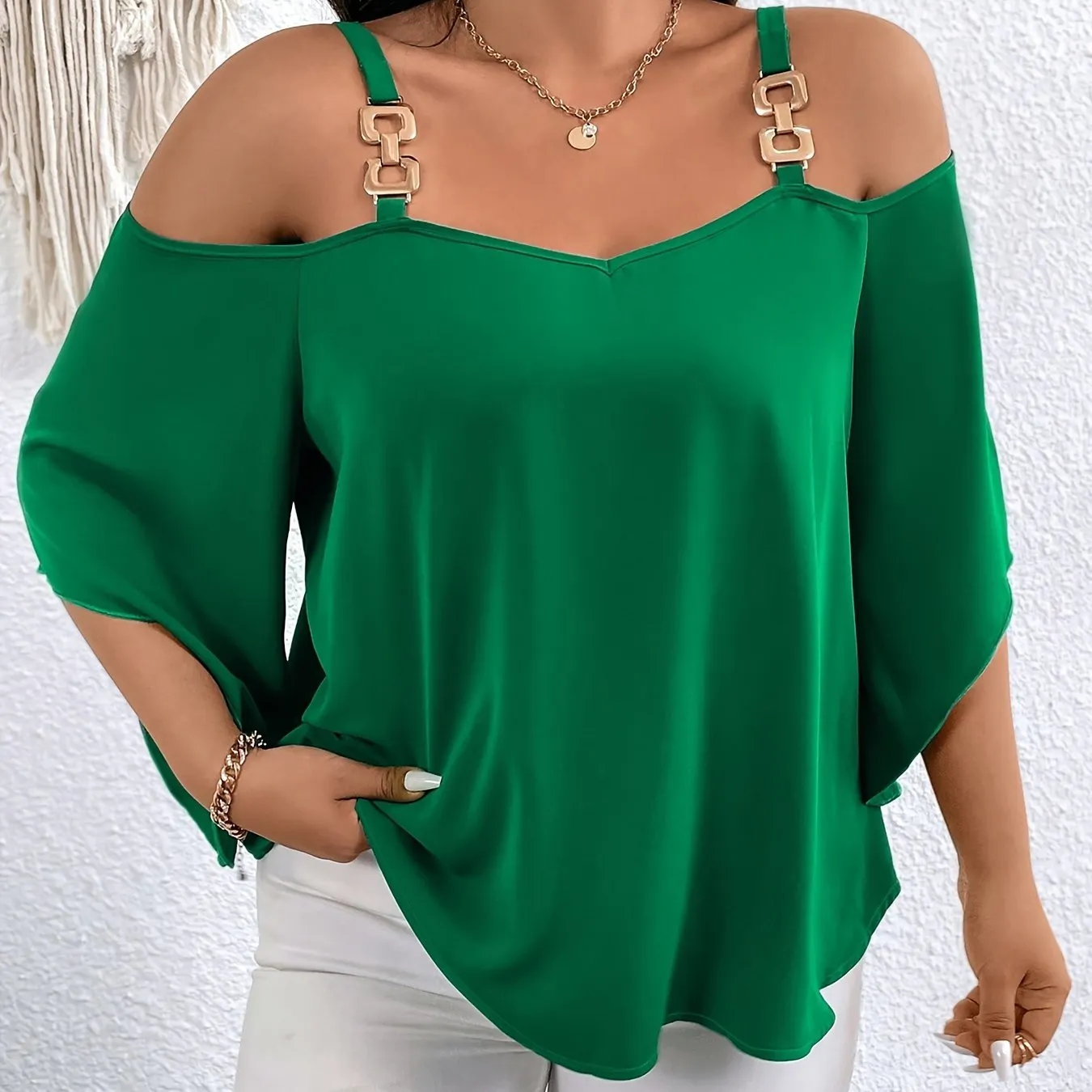 Plus Size Elegant Strapless Cold Shoulder Blouse - Chain Linked 3/4 Sleeve, Polyester Material, Pullover Style, Solid Color, Regular Length, Weekend Casual Wear for Spring - Oversized Fit, Non-Stretch Fabric, Woven Shirting