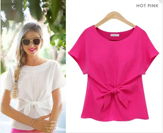 Plus Size - kimono Bowknot blouses O-neck short sleeve shirts chiffon casual top (US 8 - 22)