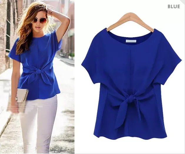 Plus Size - kimono Bowknot blouses O-neck short sleeve shirts chiffon casual top (US 8 - 22)