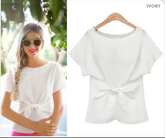 Plus Size - kimono Bowknot blouses O-neck short sleeve shirts chiffon casual top (US 8 - 22)