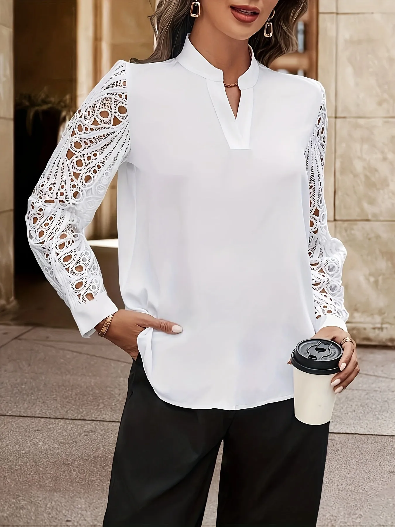 Plus Size Lace Blouse - Exquisite Lace Stitching, Flattering V Neck, Long Sleeve, Elegant Design - Suitable for Spring & Fall, Womens Plus Size Clothing for Curvy Figures