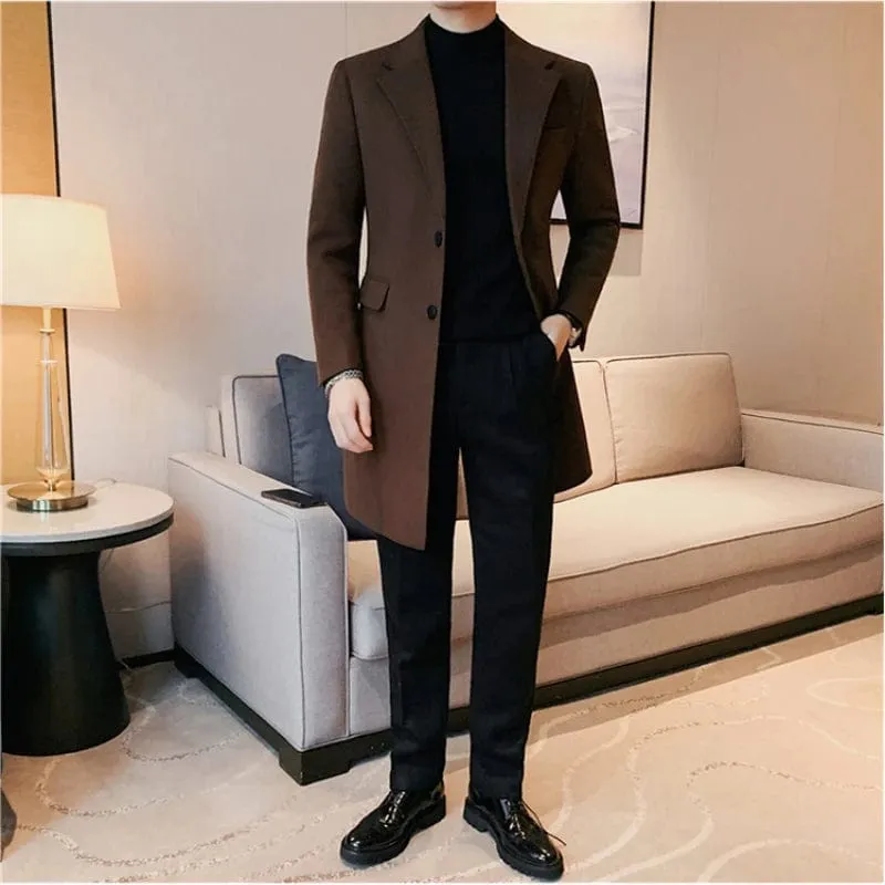 Premium Medium-Length Woolen Coat with Suit Collar - Men's Slim Fit Business Casual Overcoat