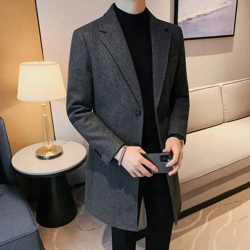 Premium Medium-Length Woolen Coat with Suit Collar - Men's Slim Fit Business Casual Overcoat