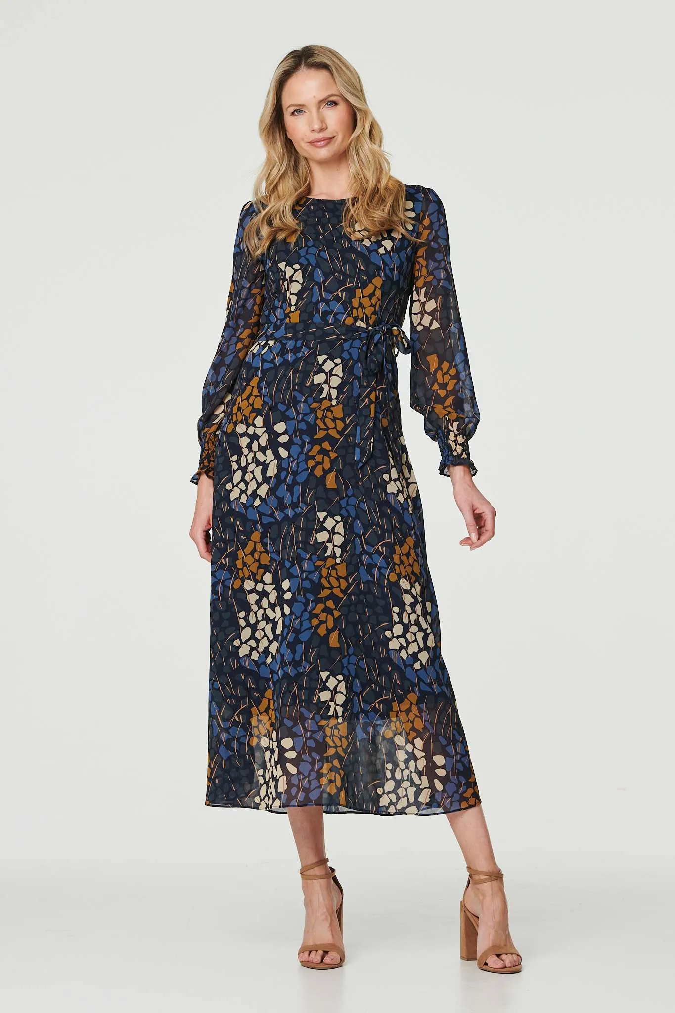 Printed Long Puff Sleeve Midi Dress