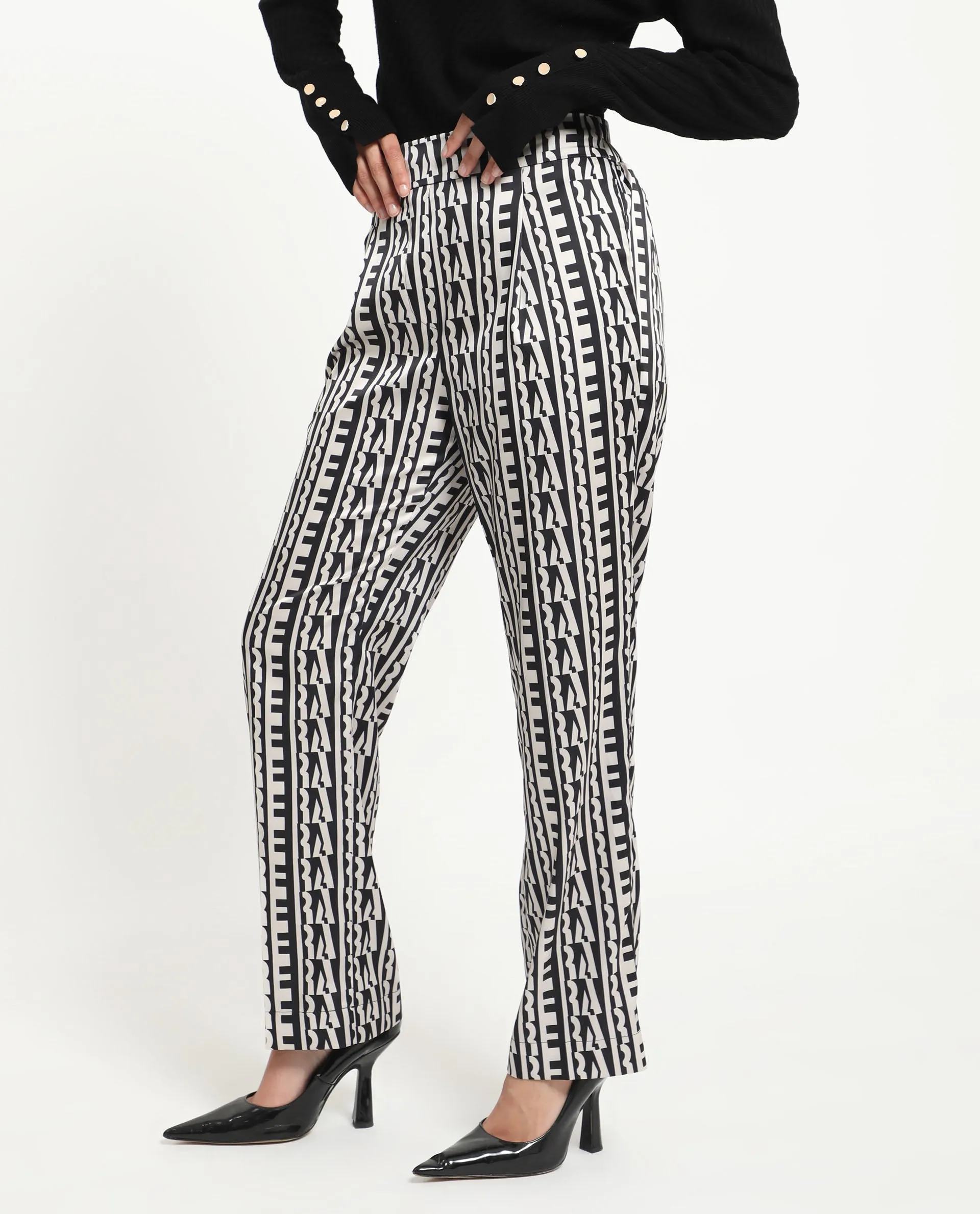 Rareism Women Atantit Black Polyester Fabric Tailored Fit Geometric Print Ankle Length Trousers