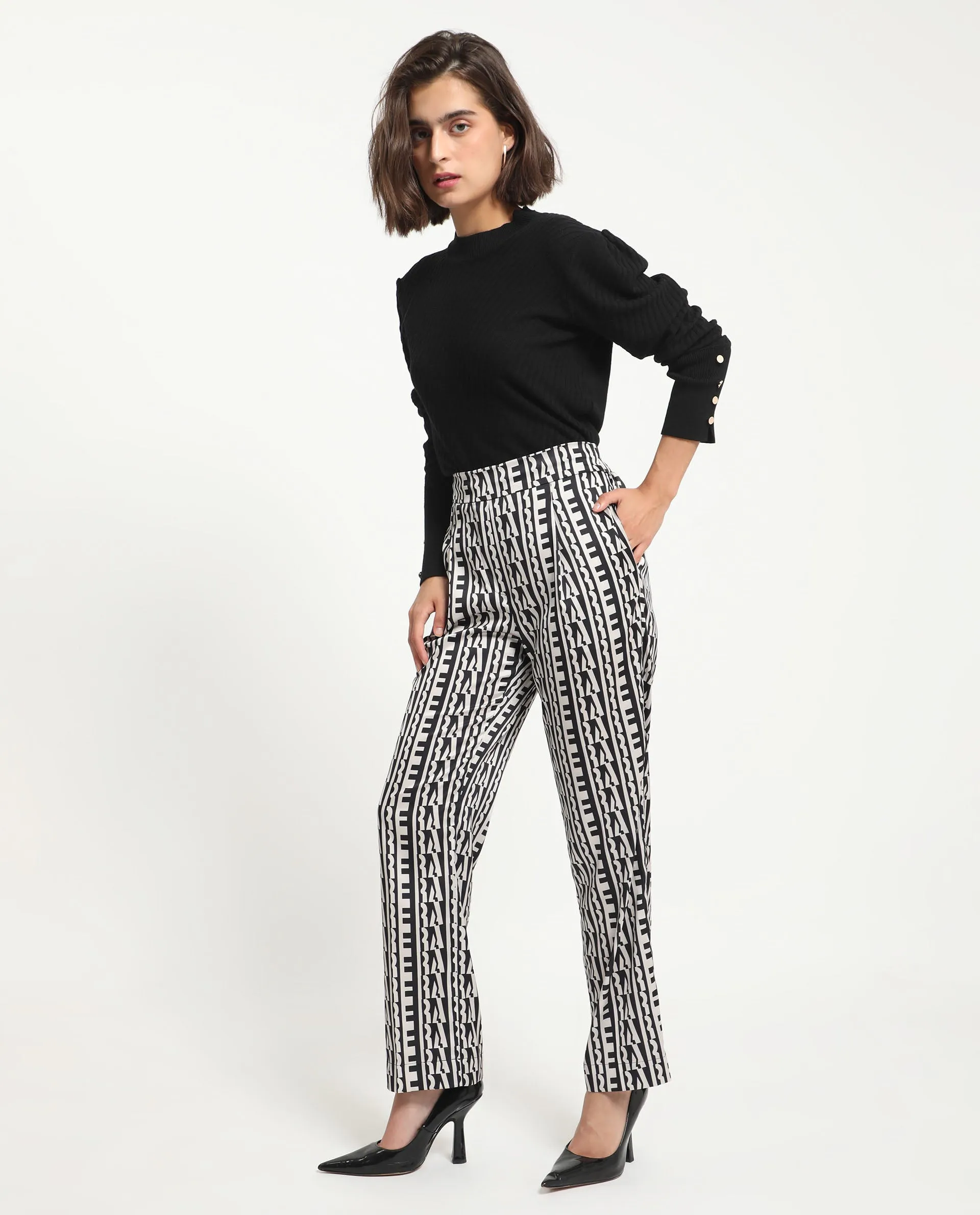 Rareism Women Atantit Black Polyester Fabric Tailored Fit Geometric Print Ankle Length Trousers