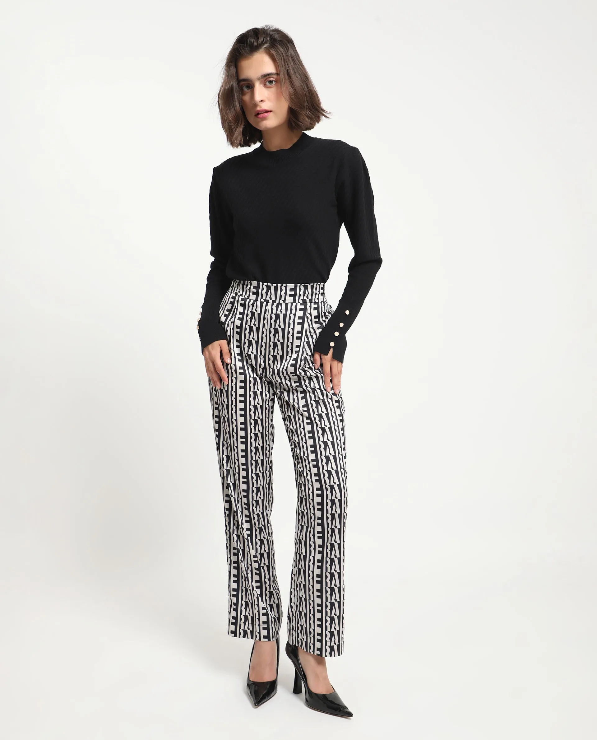 Rareism Women Atantit Black Polyester Fabric Tailored Fit Geometric Print Ankle Length Trousers