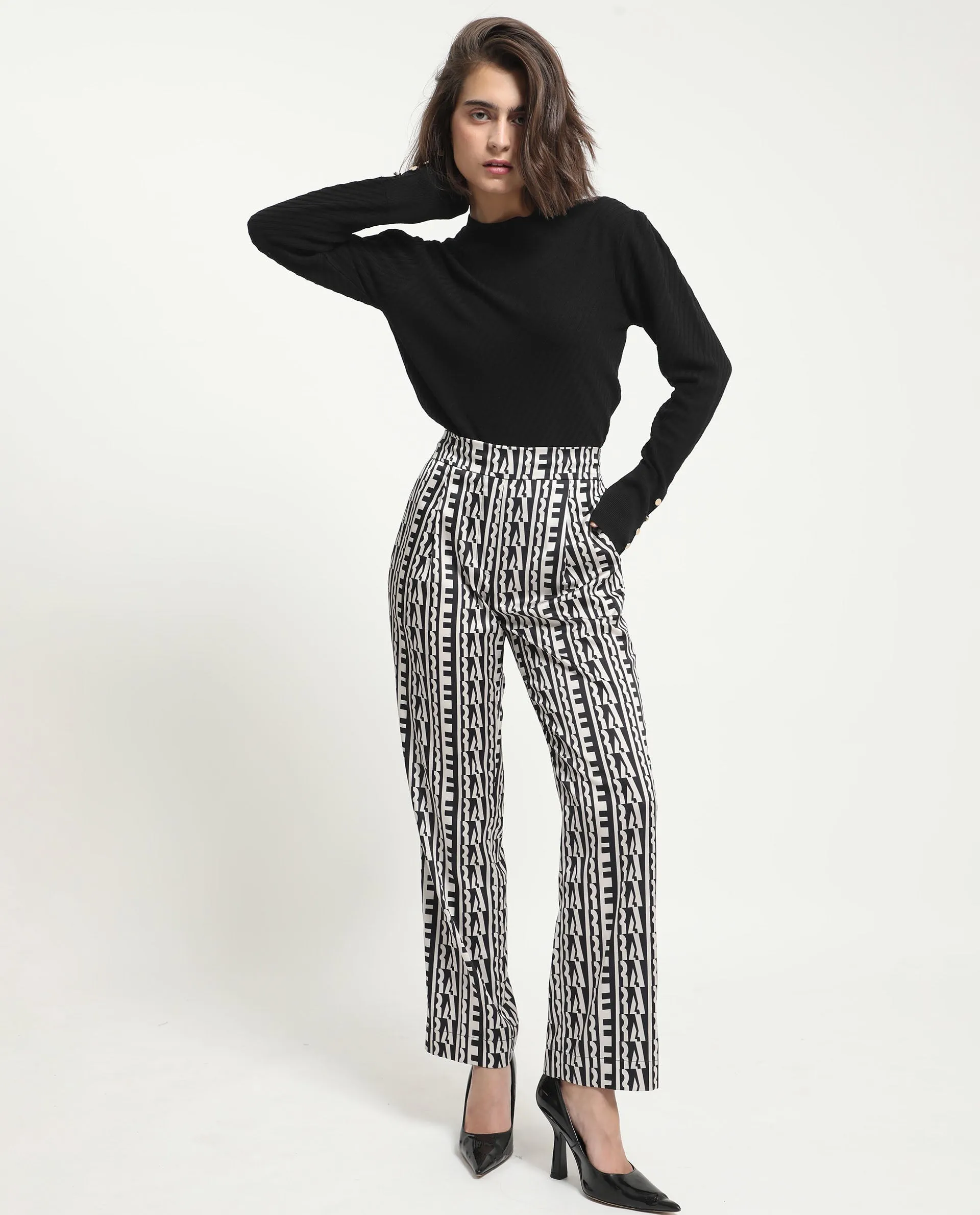 Rareism Women Atantit Black Polyester Fabric Tailored Fit Geometric Print Ankle Length Trousers