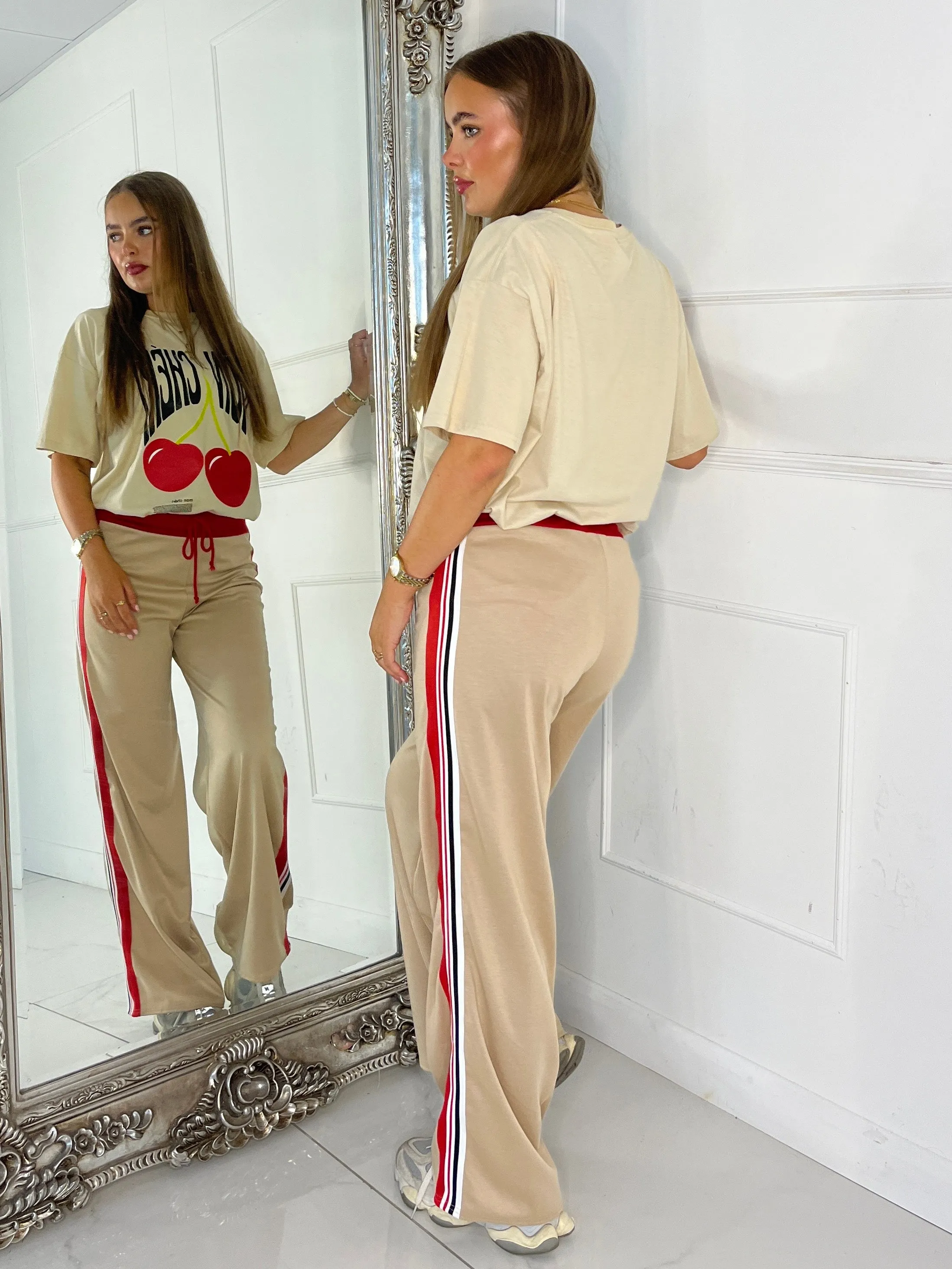 Red Stripe Detail Trousers - Beige