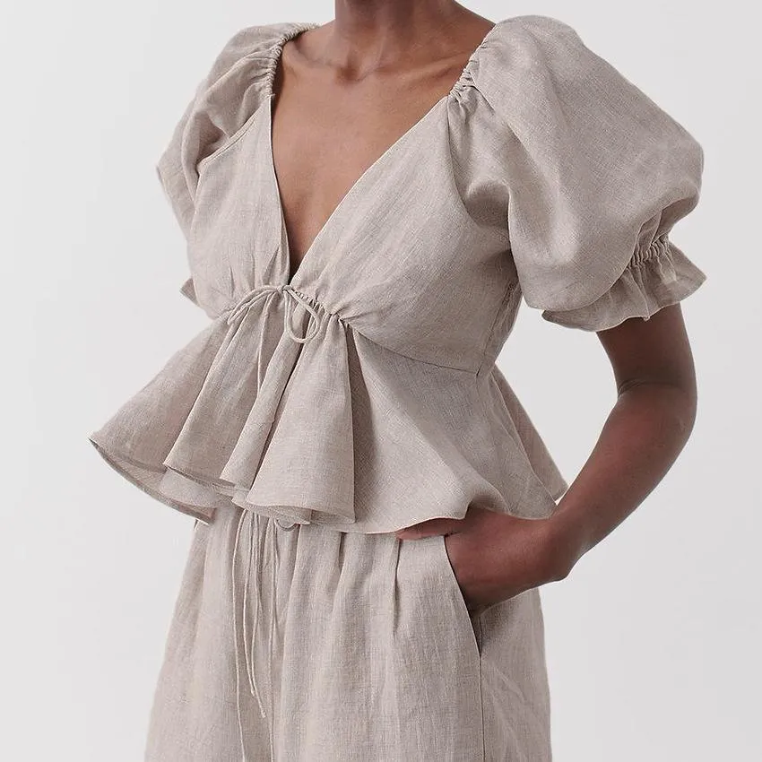 Sexy leaky back v-neck cotton and linen women's puff sleeve shirt