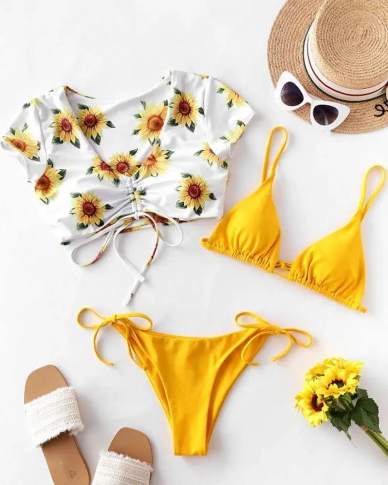 Solid Bra With Panties And Sunflower Short Sleeve Cropped T-shirts Bikini Sets