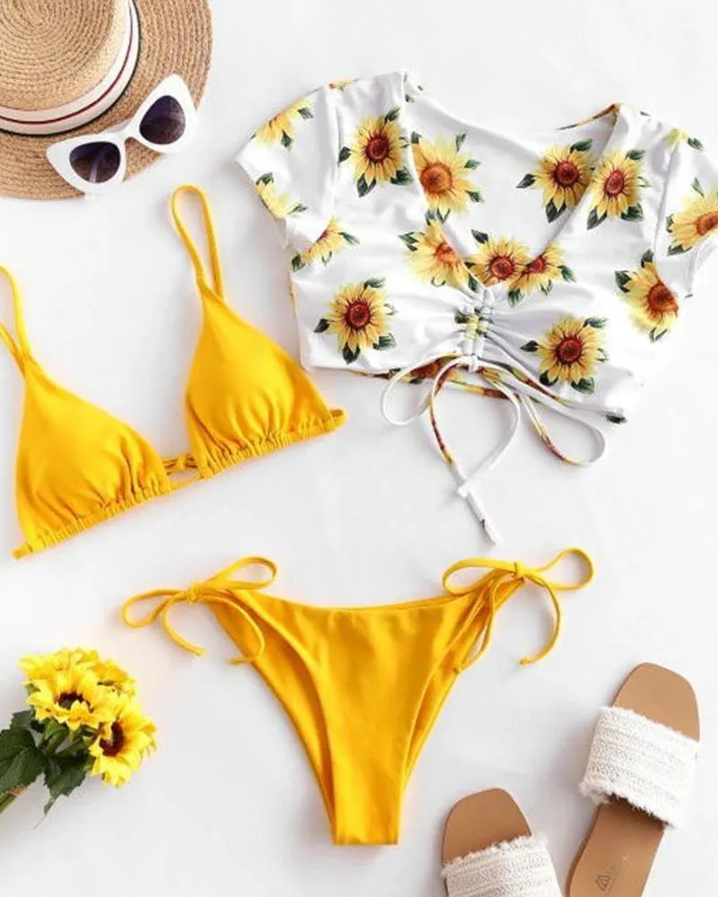 Solid Bra With Panties And Sunflower Short Sleeve Cropped T-shirts Bikini Sets