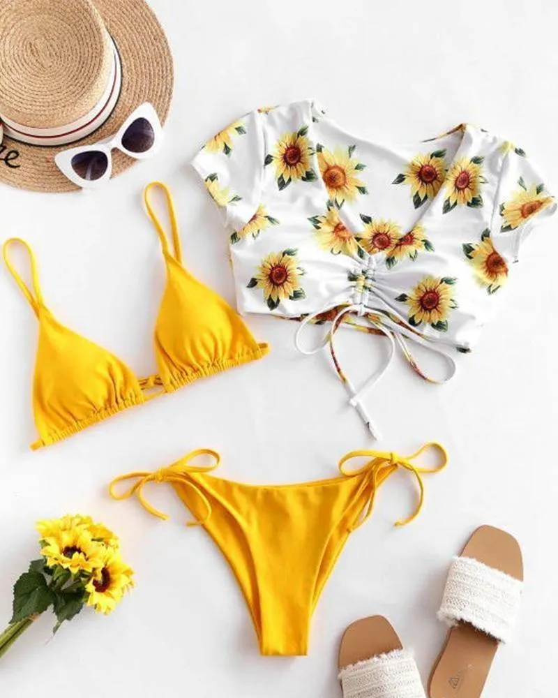 Solid Bra With Panties And Sunflower Short Sleeve Cropped T-shirts Bikini Sets