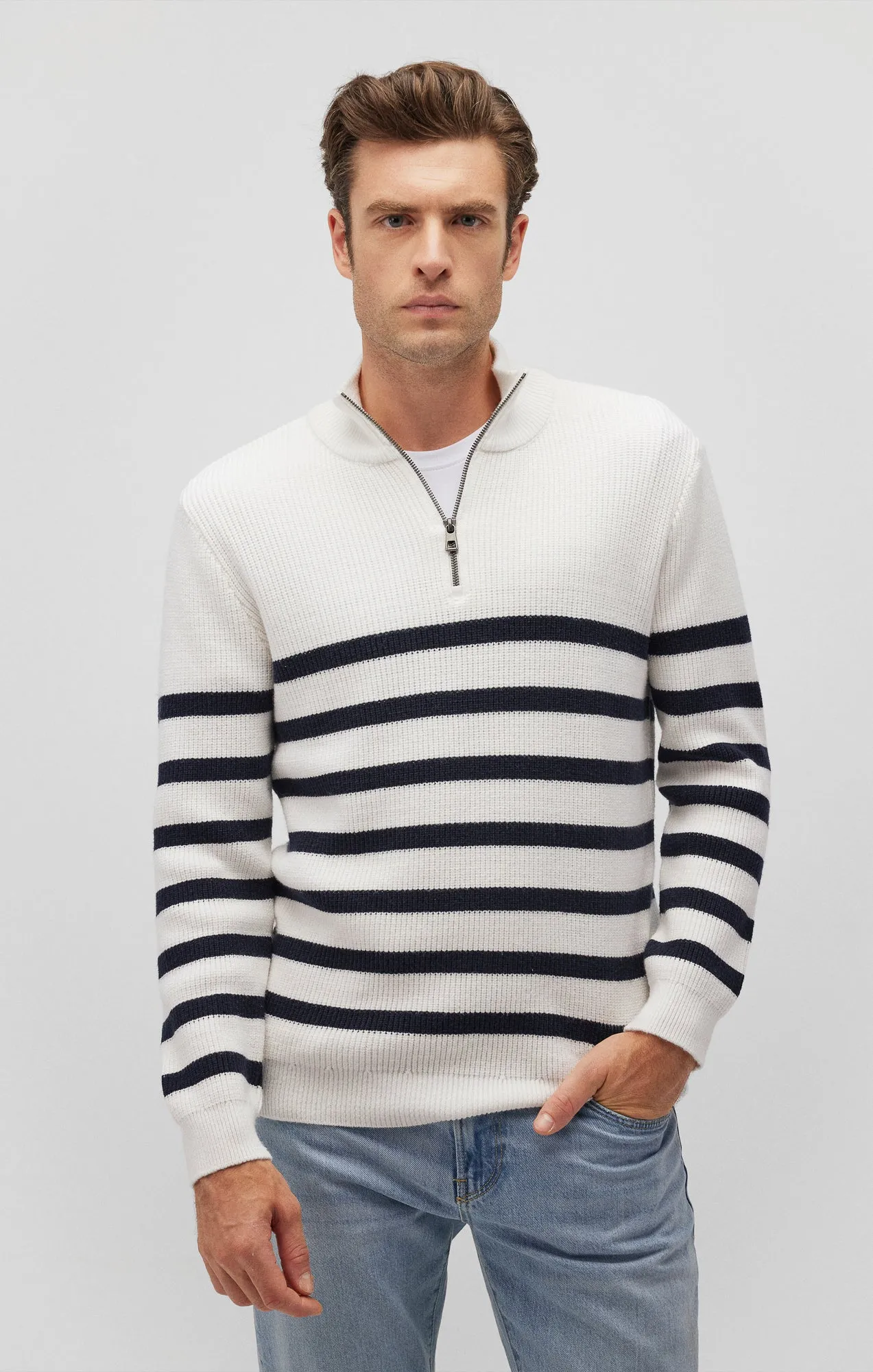 STRIPED QUARTER ZIP SWEATER IN ANTIQUE WHITE