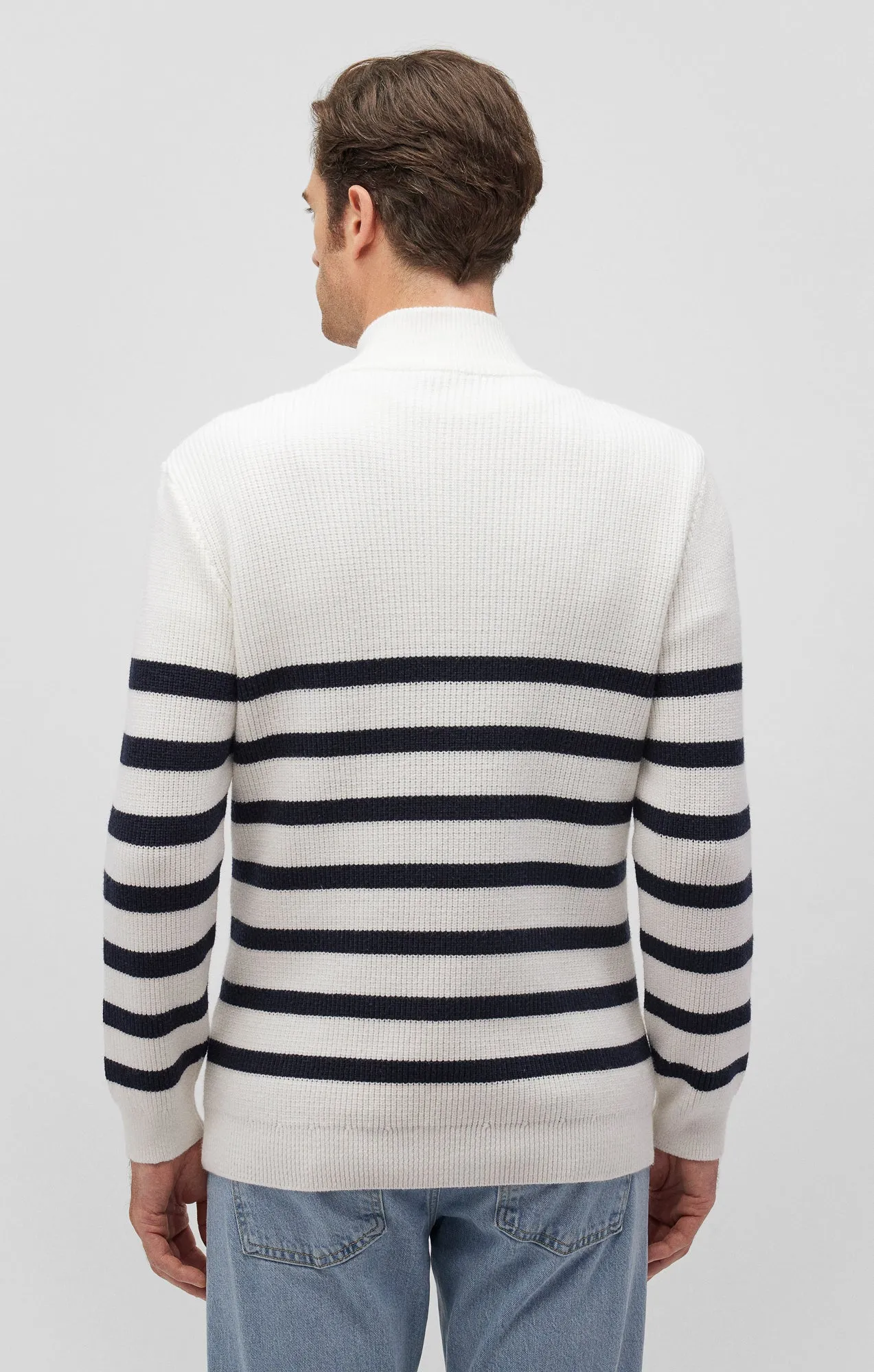 STRIPED QUARTER ZIP SWEATER IN ANTIQUE WHITE