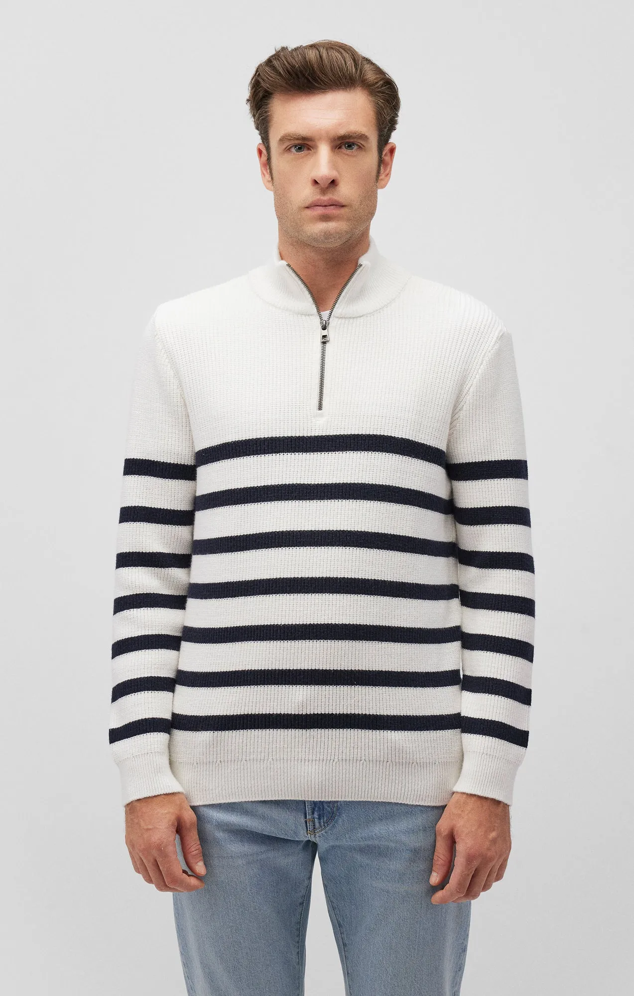 STRIPED QUARTER ZIP SWEATER IN ANTIQUE WHITE