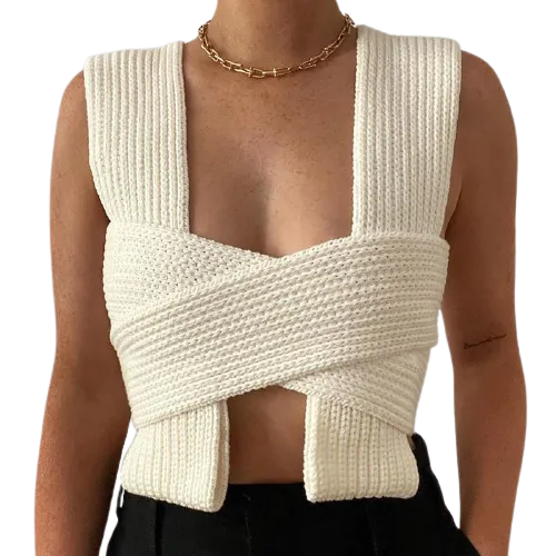 Stylish Cross Wrap Sleeveless Bandage Knitted Crop Top