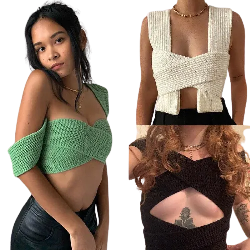 Stylish Cross Wrap Sleeveless Bandage Knitted Crop Top