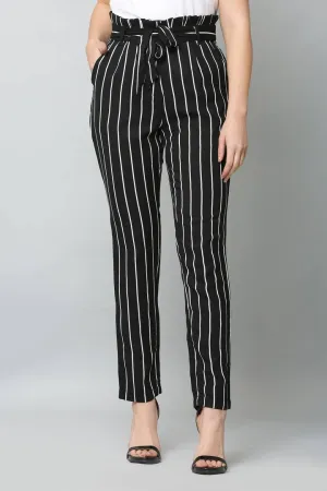 Stylish Polyester Black Striped Full Length Trouser For Women