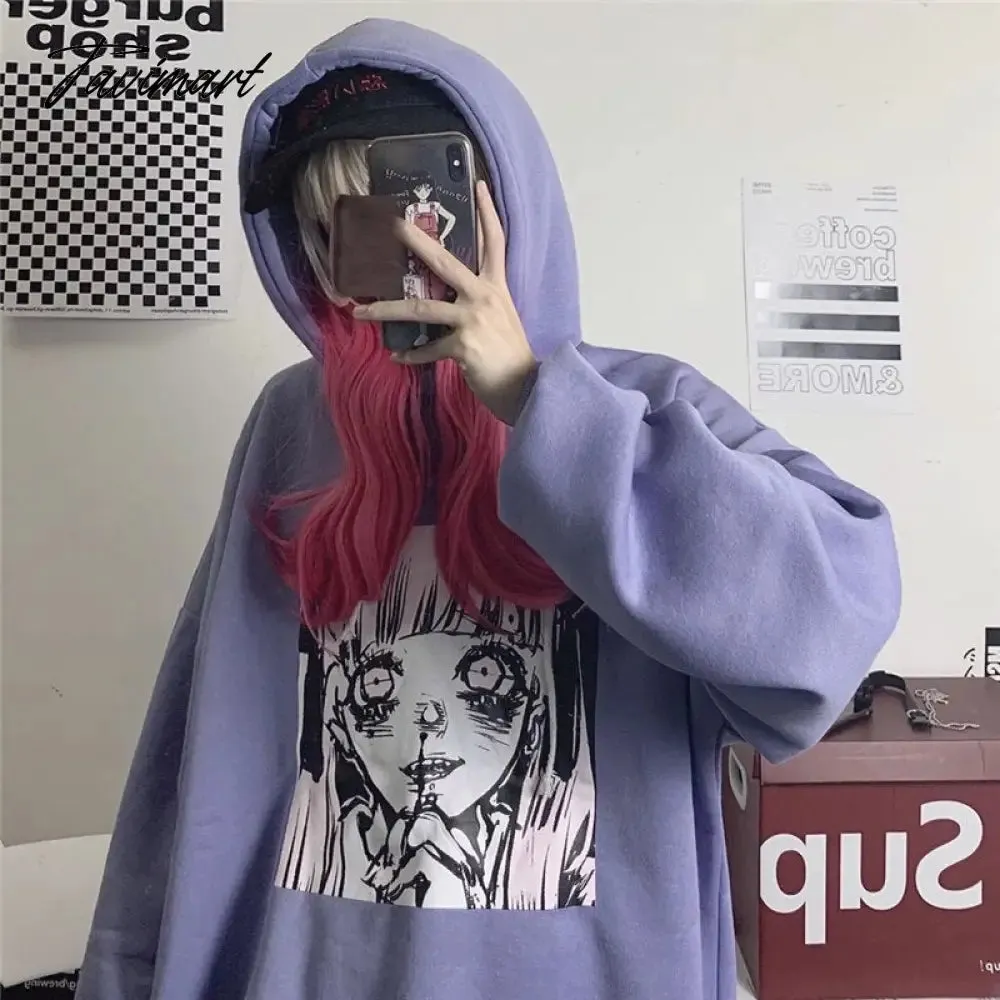 Tavimart Yandere Hoodies Womens Drawstring Hooded Oversized Pullover Sweatshirt Kawaii Harajuku Japan Style