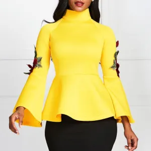 Women Blouse Yellow Tops Shirts Flare Long Sleeve Slim Party Wear Autumn Elegant Lady Blouse Shirts Tops Blouses African