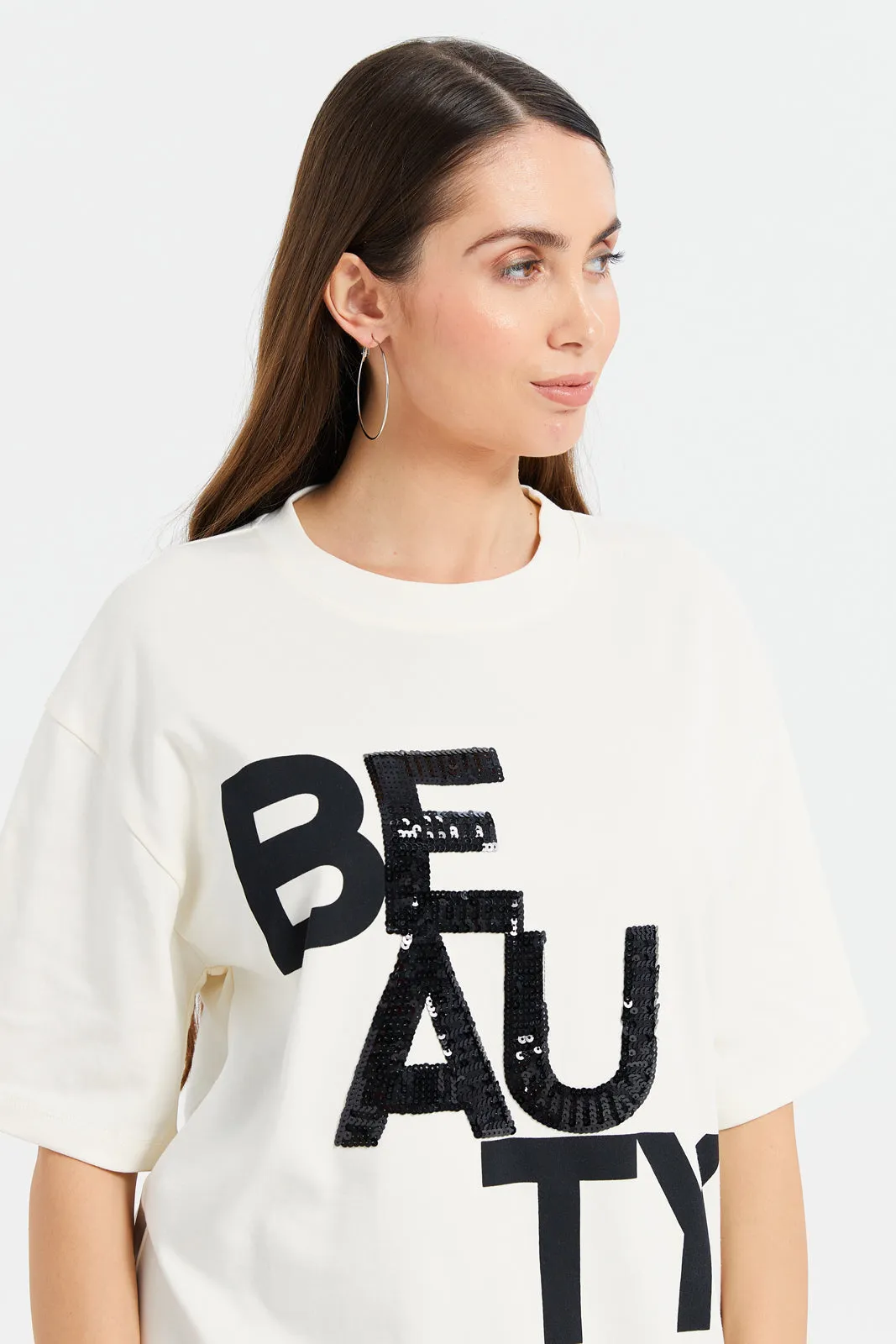 Women Cream Oversized Embellished T-Shirt