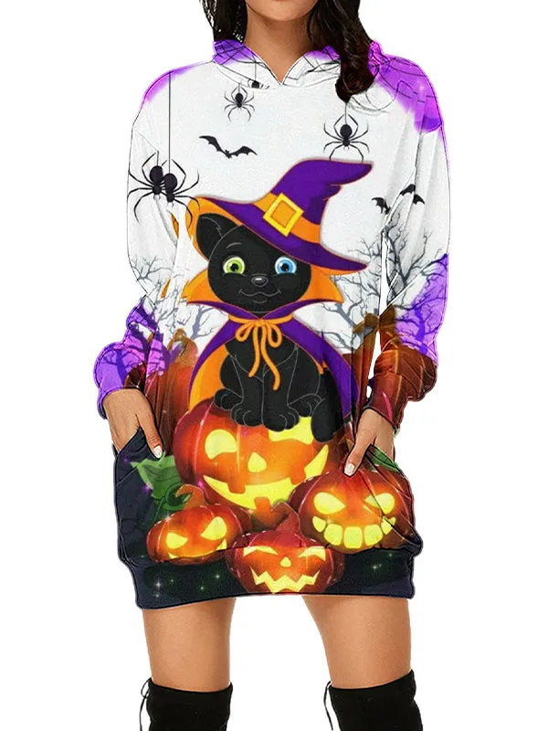 Women Halloween Black Cat Witch Graphic Print Hoodies