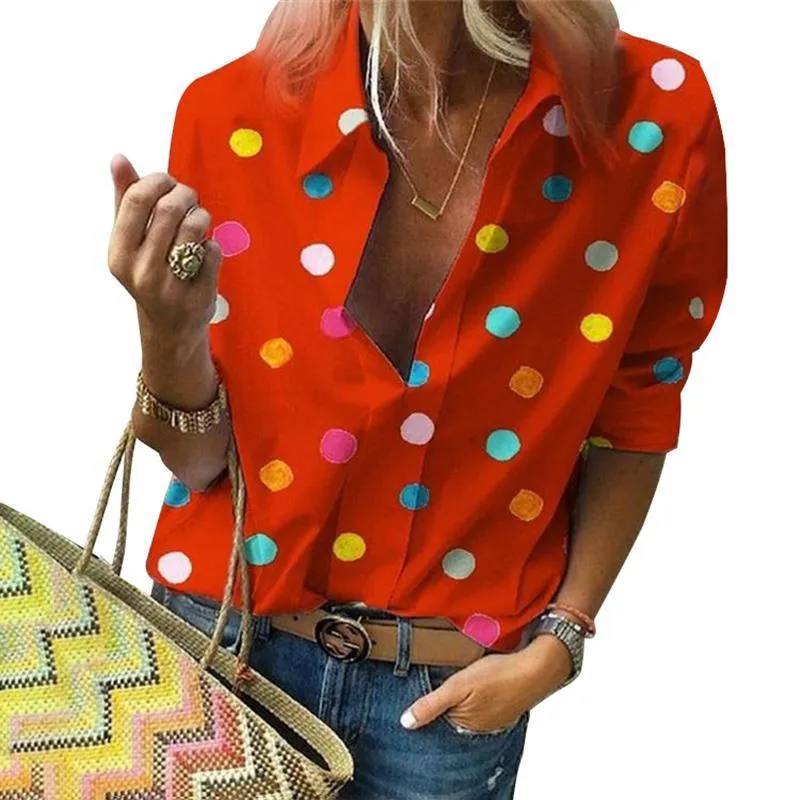 Women Polka Dot Long Sleeve Turn Down Collar Blouse