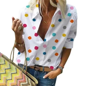 Women Polka Dot Long Sleeve Turn Down Collar Blouse