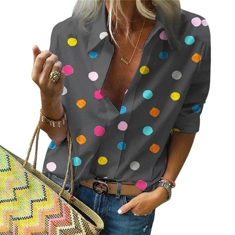 Women Polka Dot Long Sleeve Turn Down Collar Blouse