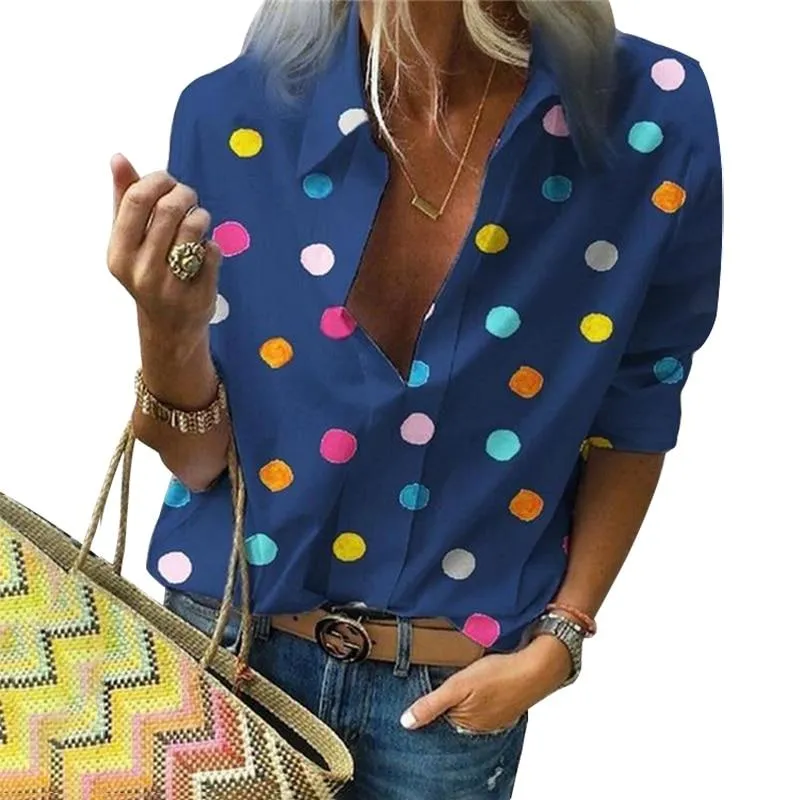 Women Polka Dot Long Sleeve Turn Down Collar Blouse