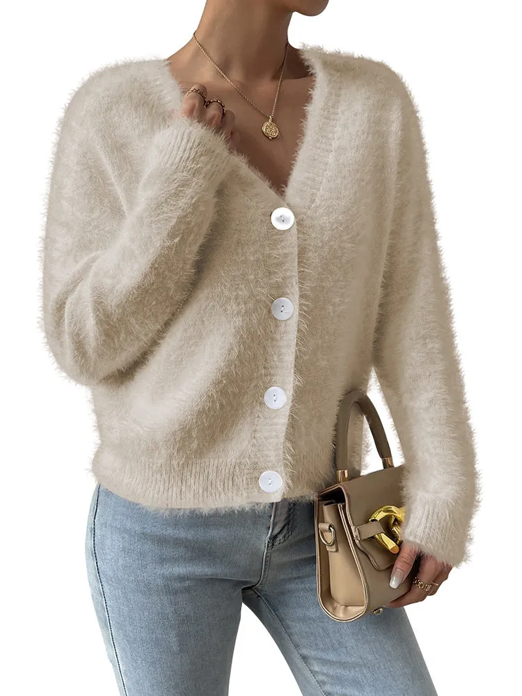 Women's Furry Cropped Cardigan Open Front Button Down Loose Knit Sweater Coat