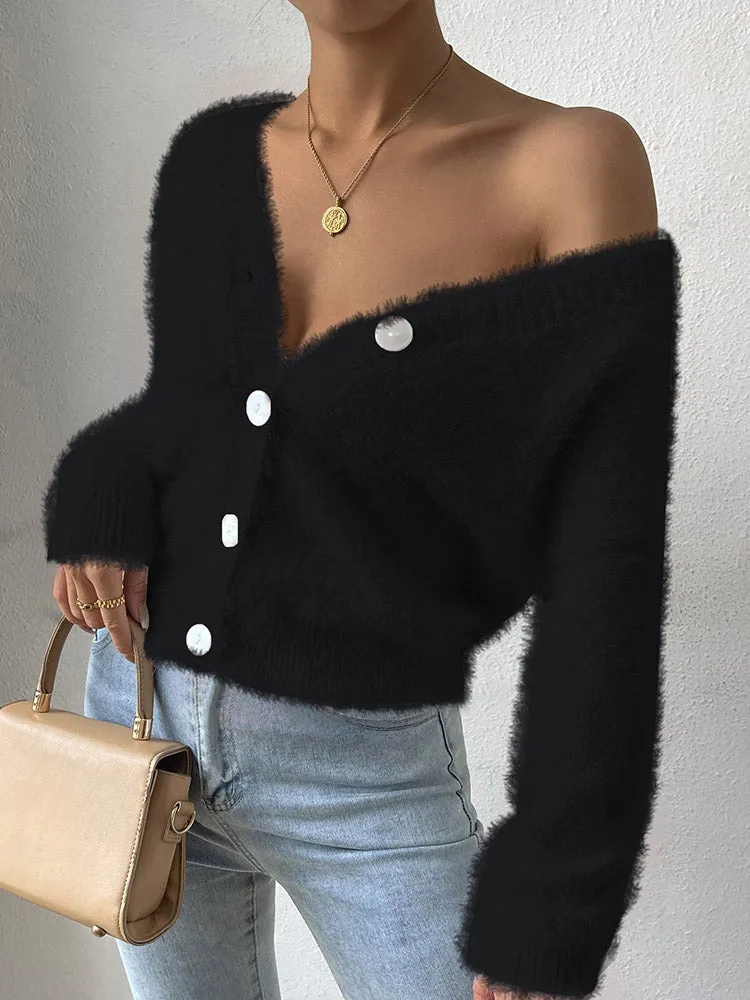 Women's Furry Cropped Cardigan Open Front Button Down Loose Knit Sweater Coat