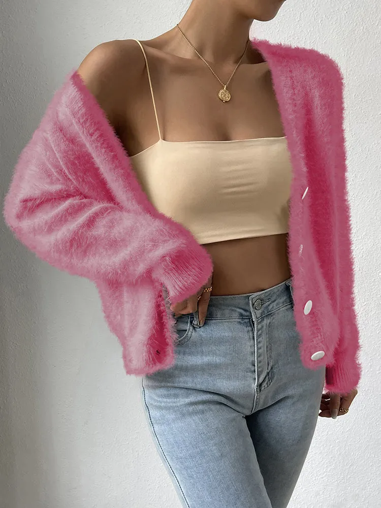 Women's Furry Cropped Cardigan Open Front Button Down Loose Knit Sweater Coat