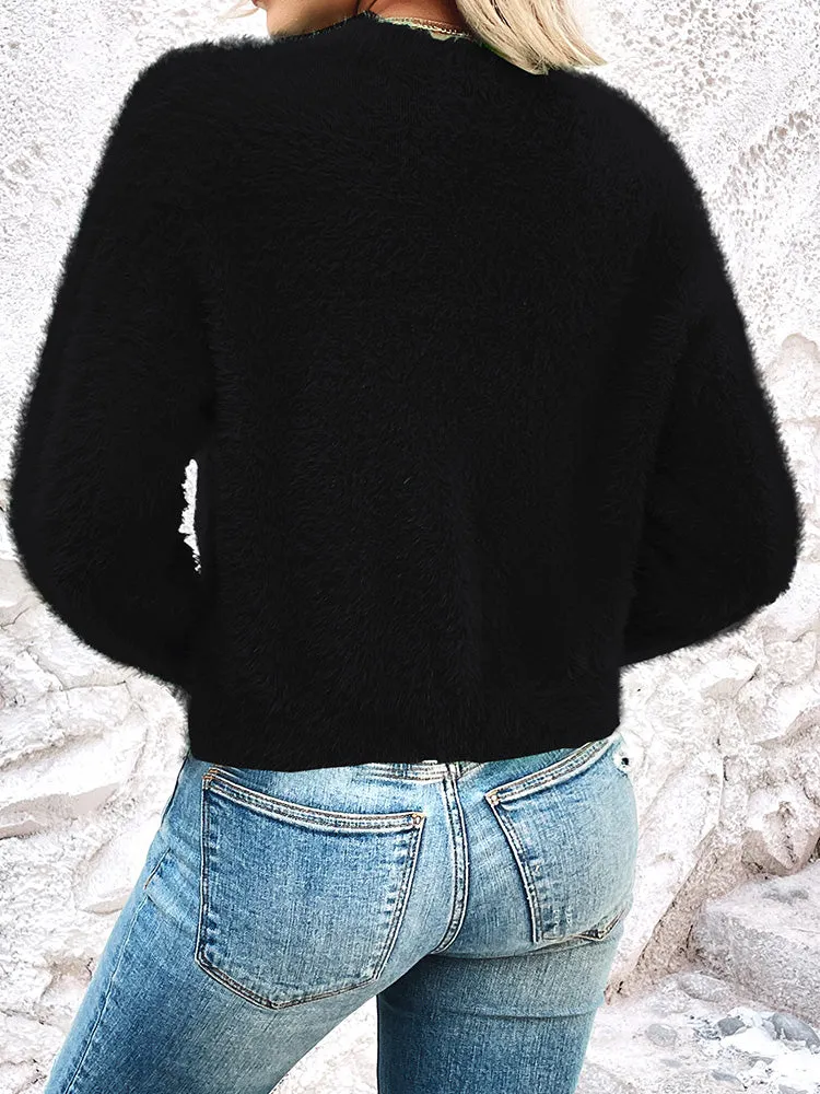 Women's Furry Cropped Cardigan Open Front Button Down Loose Knit Sweater Coat