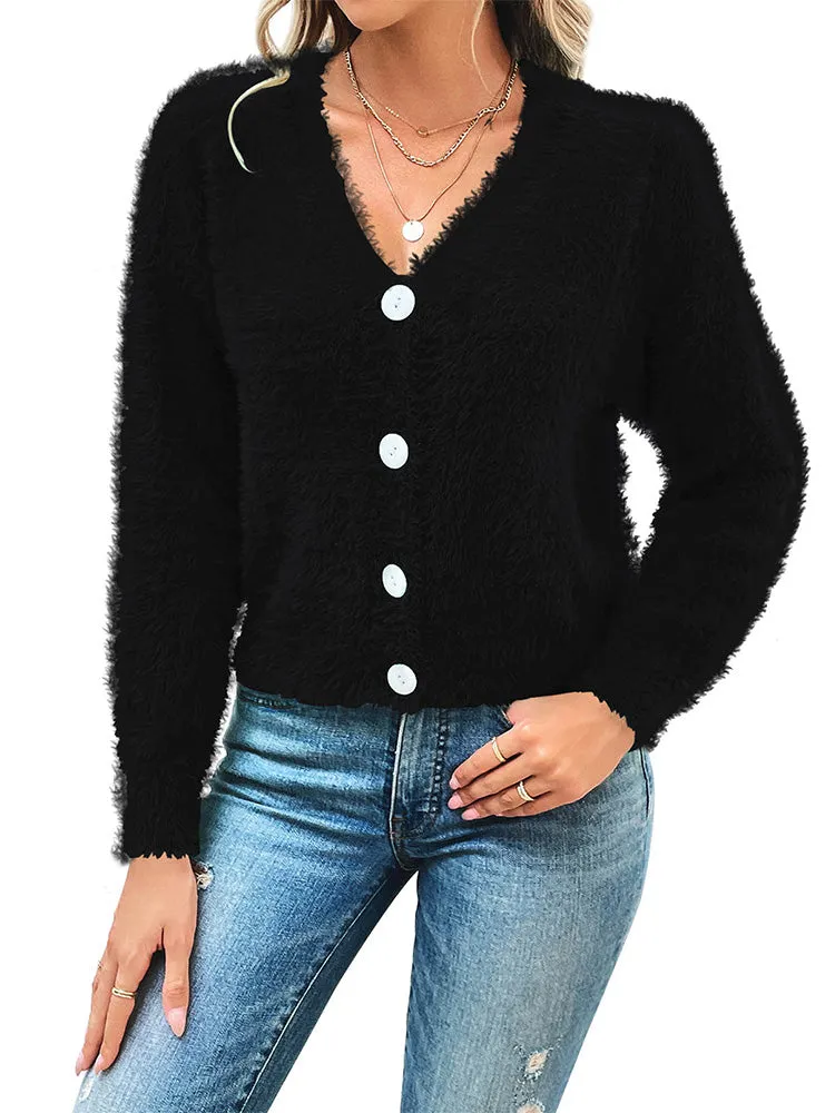 Women's Furry Cropped Cardigan Open Front Button Down Loose Knit Sweater Coat