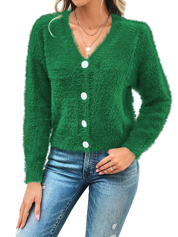 Women's Furry Cropped Cardigan Open Front Button Down Loose Knit Sweater Coat