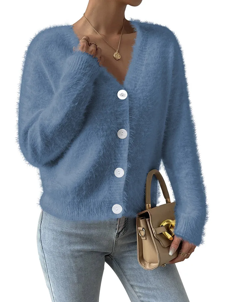 Women's Furry Cropped Cardigan Open Front Button Down Loose Knit Sweater Coat