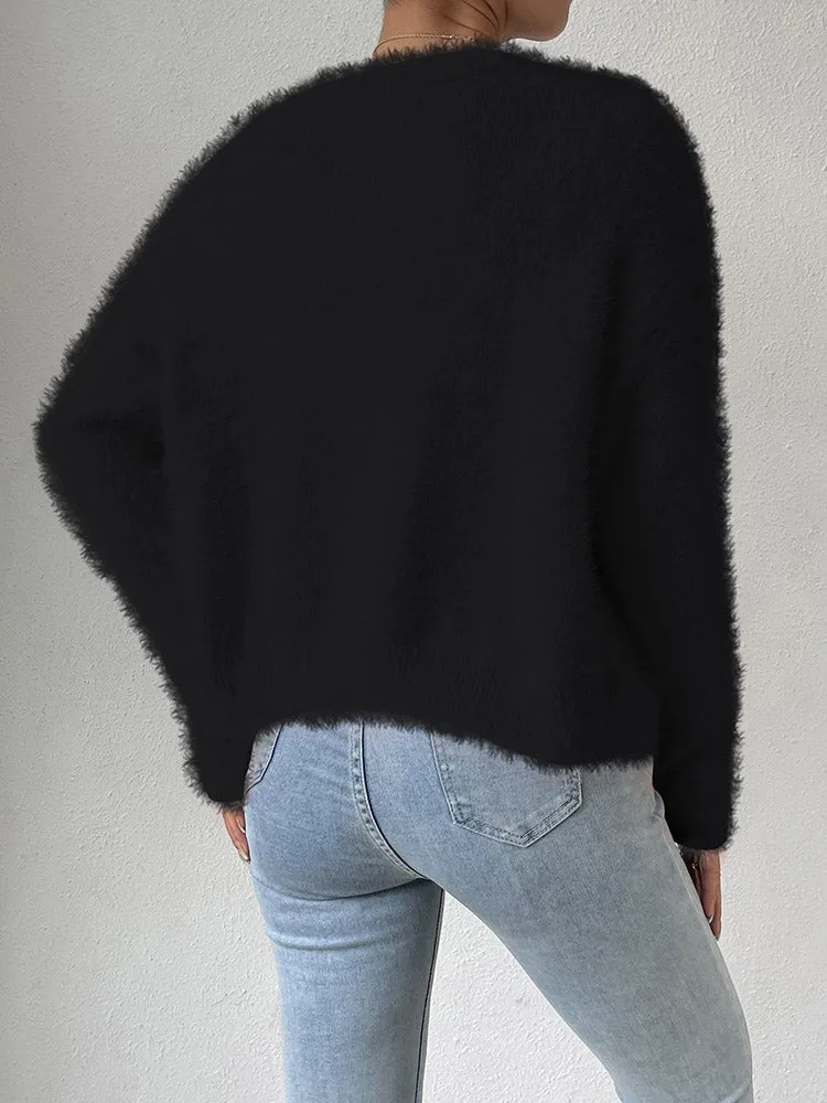 Women's Furry Cropped Cardigan Open Front Button Down Loose Knit Sweater Coat