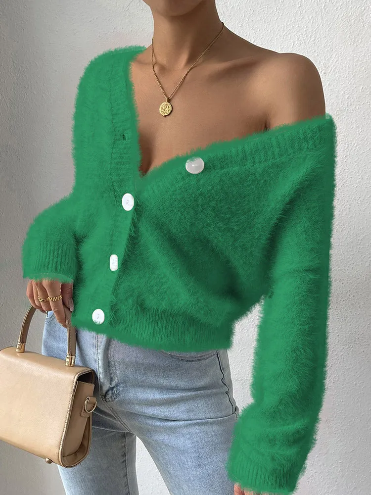 Women's Furry Cropped Cardigan Open Front Button Down Loose Knit Sweater Coat