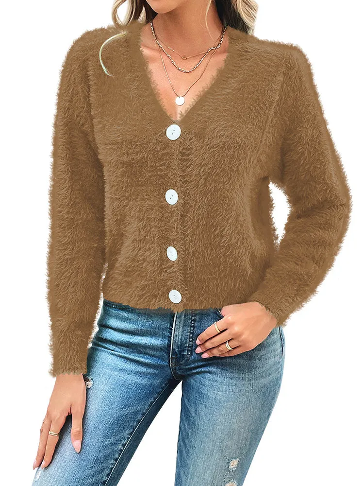 Women's Furry Cropped Cardigan Open Front Button Down Loose Knit Sweater Coat